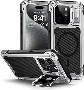 Lanhiem for iPhone 15 Pro Max Metal Case, [Built-in Camera Kickstand & Glass Screen Protector] Protective Heavy Duty Full Body Military Rugged Shockproof Magnetic Cover (Silver)