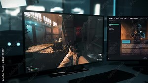 Animation Of Player Character Dying During Combat In First-person Shooter Video Game. Animation Of Military Combat In Modern Pc Game. Animation Of Player Using Combat Rifle To Shoot Enemies In Game