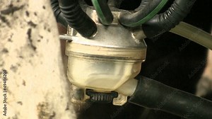 Closeup of a milking machine extracting milk from a cow's udder