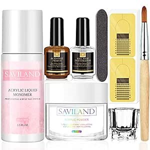Saviland Clear Acrylic Powder and Liquid Set - Professional Acrylic Nail Kit with Crystal Clear Acrylic Powder, Liquid Monomer, Nail Dehydrator, 100pcs Nail Forms for Doing Acrylic Nails