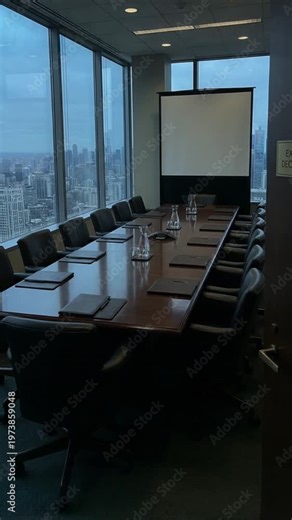 A large conference room with a projector screen