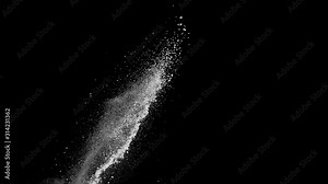 Realistic white powder dust explosion on black background. Slow motion with acceleration in vertical motion