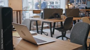 Laptop workplace without people closeup. Modern computer standing office desk