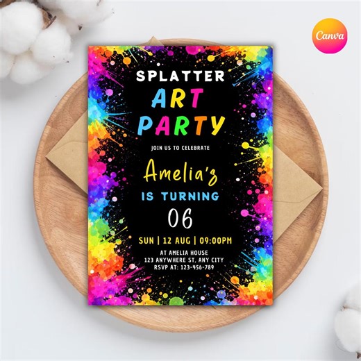 Editable Splatter Art Party Invitation, Colorful Birthday Invite (canva Printable) - Etsy