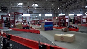 Postal Parcel Sorting Line, Postal Conveyor System, Parcels are Moving on Belt Conveyor at Post Sorting Office