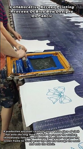 Collaborative Screen Printing Process Of Blue Bow Designs On Fabric