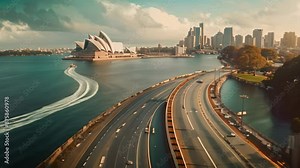 Aerial perspective of Sydney skyline featuring the iconic Opera House as the focal point, Famous landmarks or features surrounding the track
