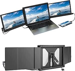 Triple Portable Monitor for Laptop Screen Extender Dual 12'' Tri Display 1080P FHD IPS USB-A/Type-C/HDMI 4 Speakers Monitor for Switch/PS5 Support 13''-16'' Mac Windows Chrome Laptop