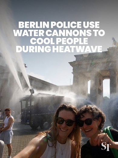 Police in Berlin blasted water cannons to cool sweltering crowds as a record-breaking heatwave scorched Europe, with temperatures forecast to near or exceed 40 deg C in Germany. #watercannon #heatwave #Berlin #Germany #Europe