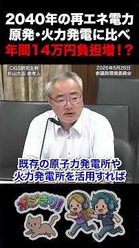 【大量導入絶対阻止】2040年の再エネ電力 既存の原発・火力発電に比べ年間14万円の負担増！？ #参議院 #環境委員会 #再エネ #太陽光発電 #風力発電 #原発 #火力発電 #コスト増 #再エネ賦