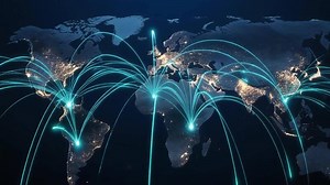 Download Global Connections Illuminated World Map with Light Trails Representing Networks for free