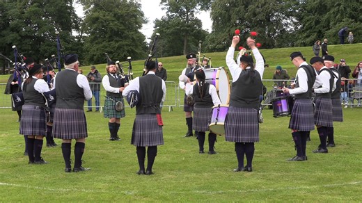 Kirkcaldy & District Pipe Band competing in the Grade 4A final at the 2024 British Pipe Band Championships. These were held at Grant Park in Forres on Saturday 8th June 2024. The band, who were led by Pipe Major William Wallace and wearing Scotland Forever tartan, were awarded 9th place in Grade 4A finals for this performance. Hosted by a partnership between YBD Music Ltd and the Royal Scottish Pipe Band Association, the Championship involved over 100 bands and nearly 4,000 pipers & drummers fro