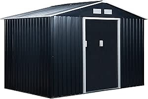 Outsunny 9' x 6' Outdoor Storage Shed, Garden Tool Metal Shed with Foundation Kit, Double Lockable Door, Air Vents and Sloping Roof, for Backyard, Patio, Lawn, Dark Gray