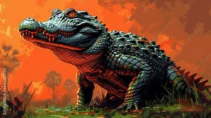 Close-up of an alligator with detailed scale texture in a vibrant orange jungle setting. Wildlife and nature illustration concept. Generative AI