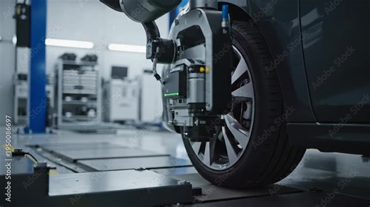 Video of a computerized wheel alignment station projecting laser calibration lines in a clean service bay environment, automotive diagnostics and precision engineering background for commercial use.