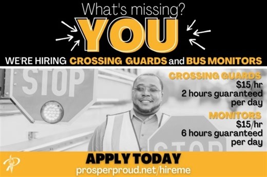The only thing we are missing is YOU! Prosper ISD is hiring bus monitors and crossing guards for the 2023-2024 school year. Apply today prosperproud.net/hireme #ProsperProud | Prosper Independent School District