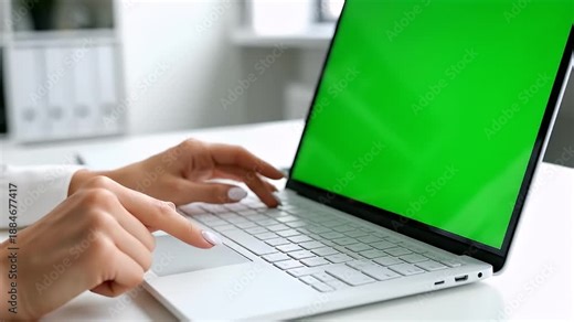 A woman using a laptop with a green screen in a modern office