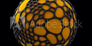 Planet Loop. This stock motion graphics video shows a yellow planet wrapped in a black web-like structure. It rotates against an alpha channel background in a seamless loop.
