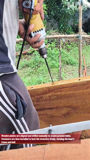 Traditional Wooden Boat Assembly | Manual Drilling and Wooden Hull Construction