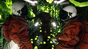 The astronauts inspect the airlock of their spaceship captured by alien creatures. A creepy green alien invader with tentacles has taken over the spaceship.