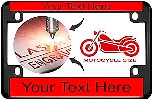 Motorcycle Personalized Black Metal (Zinc) Laser Engraved Standard Size License Plate Frame with Custom Text Design - Red/Black Text