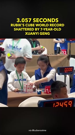 NextShark on Instagram: "🚨 NEW WORLD RECORD ALERT 🚨⁠ ⁠ 7-year-old Xuanyi Geng (耿暄一) just shocked the cubing world with a 3.05 second solve at the Shenyang Spring 2025 comp — now the fastest official 3x3 solve ever. ⁠ ⁠ He started competing in 2023 and was already averaging sub-7. Using a GAN cube and starting with yellow on top, he executed smart moves to form 3 easy pairs, beating the previous record by just 0.03 seconds. ⁠ ⁠ With a 4.32 average of 5 and a previous best of 3.49, Xuanyi proves