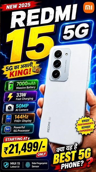 Redmi 15 5G 🔥 7000mAh Battery | 144Hz Display | 50MP Camera | Starting ₹21,499 | Best 5G Phone?