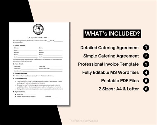Simple & Detailed Catering Service Contract Template | 2 Versions of Agreement | Fully Editable in MS Word and Printable PDF | Ready to Use - Etsy
