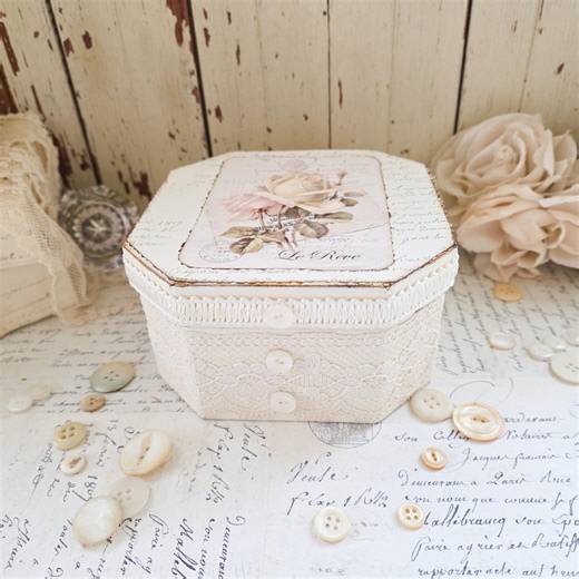 Decoupage Keepsake Box- French Script Rose, Shabby Chic Decor - Etsy UK