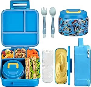 Bento Lunch Box for Kids With 8oz Soup thermo,Leak-proof Lunch Containers with 5 Compartment,thermo Food Jar and Lunch Bag, Food Containers for School (A-Blue(Extreme Locomotive))
