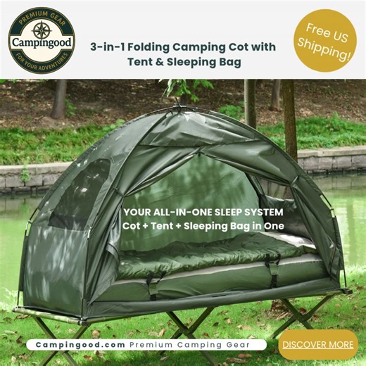 The ultimate convenience for campers! 🏕️ This 3-in-1 system has everything you need: a sturdy cot, a protective tent, and a warm sleeping bag. Sets up in minutes, saving you time and hassle. Perfect for quick trips, festivals, and backyard adventures. 👉 Grab your all-in-one sleep kit: https://campingood.com/products/folding-camping-cot-tent-sleeping-bag-portable 🚚 FREE US Shipping! #CampingCot #AllInOneGear #CampingEssentials #FestivalGear #CampInGood | Campingood LLC