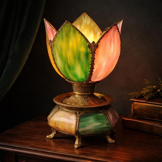 Vintage Slag Glass Tulip Lamp 1930s Art Deco Caramel Glass Lotus Table Lamp Brass Base 14.5” Tall Colorful Petal Shade - Etsy