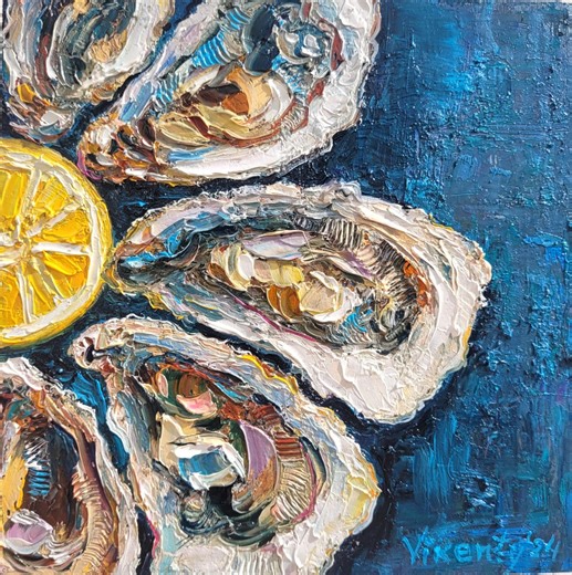 Oyster Shell Oil Painting: Impasto Textured Kitchen Art Original Lemon Artwork Coastal Home Decor - Etsy