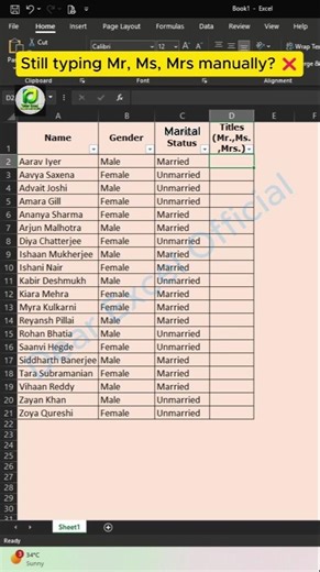 Auto Add Mr, Ms, Mrs in Excel 😳 #excel #shorts #exceltips