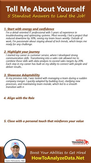 Mastering the ‘Tell Me About Yourself’ Question: 5 Standout Answers to Land the Job! Keep it concise and relevant. Highlight achievements, skills, and passions that align with the job. Avoid reciting your resume; focus on what makes you unique and a great fit. Practice Job Interview and Hiring Assessment Tests: https://www.howtoanalyzedata.net/ ____ Download FREE Sample Hiring Assessment Test Questions (PDF eBook): https://www.howtoanalyzedata.net/0fyb ____ #job #jobs #hiring #jobsearching #jobo