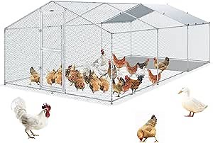 VEVOR Large Metal Chicken Coop with Run, Walkin Poultry Cage for Yard, Waterproof Cover, 19.7 x 9.8 x 6.6 ft, Peaked Roof for Hen House, Duck Coop and Rabbit, Silver