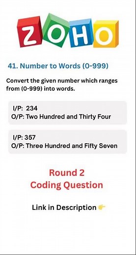 Zoho Round 2 | Convert Number to Words (0–999) 🔢🗣️ | Number Logic Short #zohoround2 #codingshorts
