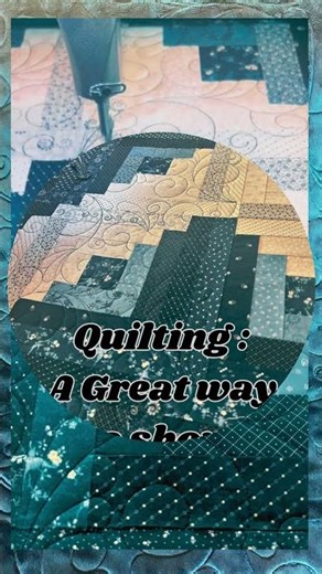 Log Cabin Blue Quilt with Swirls & Feathers