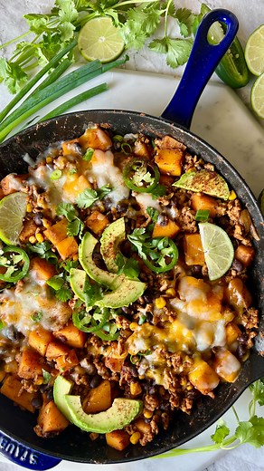 Abby on Instagram: "Butternut Squash and Ground Chicken Enchilada Skillet✨A delicious and easy one skillet recipe to spice up your dinner lineup! This is a full meal packed into one pan with veggies, protein, fiber and plenty of warming spices! With the bold flavors paired with sweet butternut squash, melted cheese and zesty enchilada sauce, this is a perfect, craveable meal you will want to make every week! Here’s what you need: 1 lb ground chicken 1 small butternut squash, peeled and cubed 1 s