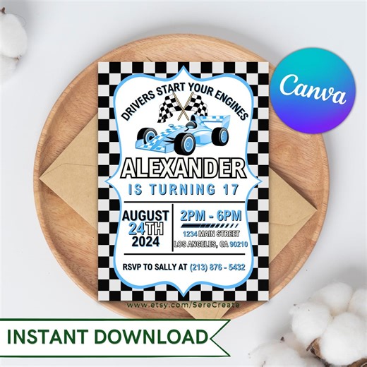 Blue Racing Car Birthday Invitation: Editable Canva Template (digital Download) - Etsy