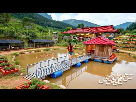Building Brick Stairs Connecting a Floating Bridge to a Lake House | Nhi Build Life
