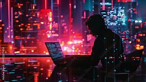 A cyber man with cyber security and infographic chart analysis of corporate laptop antivirus software and phishing malware detection software improving security measures