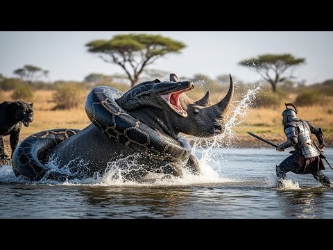 Armored Warrior & Black Panther Save Rhino From Giant Black Python!