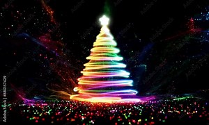 Colorful christmas tree made of light trails with a star on top against a dark background, surrounded by multicolored sparkles.