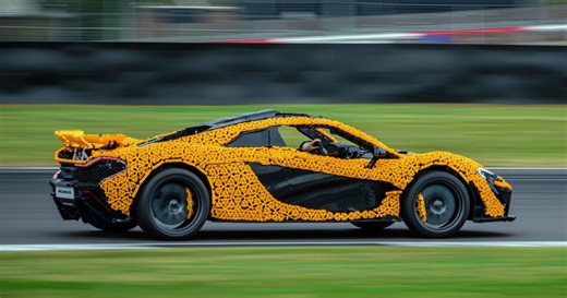 lando norris drives real-life LEGO technic mclaren P1 supercar on silverstone circuit track