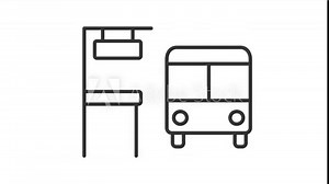 2D black simple thin line animation of bus stand, HD video with transparent background, seamless loop 4K video representing public transportation.