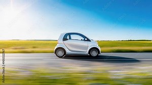 Driverless city car travels at high speed along a country road in a seamless loop, emphasizing AI driving, innovation, motor vehicles future, zero emissions, environmental protection, driving safety