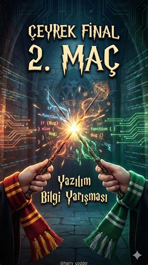 Serhat Z. | Javascript | React | Software | Computer Eng. on Instagram: "Çeyrek Finalin İkinci Maçı: Düello Kızışıyor 🔥⚡️ İlk maçtaki “Expelliarmus”lar sadece ısınma turuydu. BİLMÖK arenasında şimdi gerçek büyüler (yani karmaşık algoritmalar) konuşacak! 🧙‍♂️💻 Asalar (ve klavyeler) yeniden çekildi. Kimin kodu “Expecto Patronum” gibi pürüzsüz çalışacak, kim “Stupefy” yiyip Syntax Error verecek? Ortam büyülenmiş gibi gergin! ⚔️ Tarafını seç, bu maç çok konuşulacak. edited by: @bozok.furkan #codi