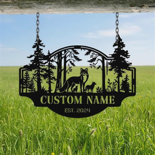 Fox Forest Metal Sign, Personalized Wildlife Name Sign, Custom Outdoor Yard Decor, Rustic Cabin Nature Sign - Etsy