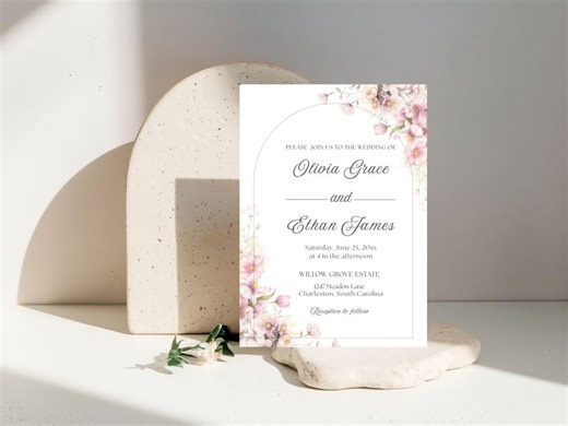 Blush Pink Wedding Invitation Template, Floral Pastel Design, Editable Boho Romantic Elopement Invite, Wildflower Wedding Announcement - Etsy